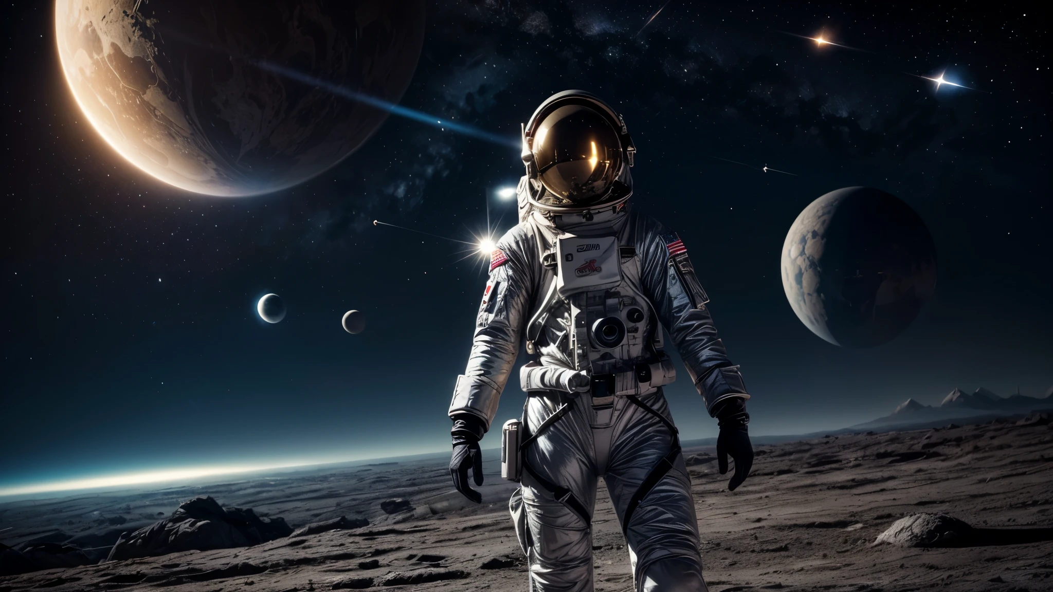 masterpiece, a beautiful blonde german girl lonely astronaut, desolate planetary landscape, space and stars, electric ambiance, utility belt, metallic gray zinc, science fiction, ultra high resolution. Photorealistic, 16k, UHD, HDR, Best quality, skin-tight astronaut suit, intricate, most fantastic details, ROUGH, Dramatic lighting, full body, spaceships in the sky, realistic reflections, sunrise, focus scale, , determined, dynamic posture, a military space complex in the background