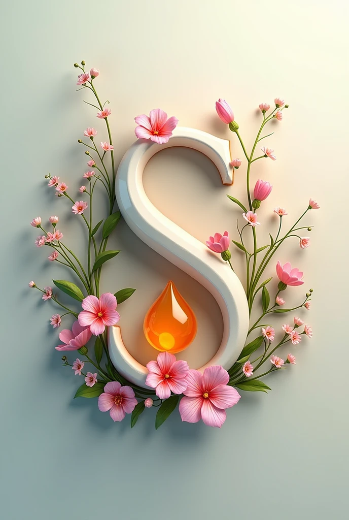 A stunning 3D logo for PureEssence, a premium essential oil company. The letter "S" is elegantly designed with a stylized drop of essential oil at its center, symbolizing the purity and quality of the products. Surrounding the "A" are various flowers and plants, each represented in a detailed and lifelike manner. The overall composition is a harmonious blend of text and imagery, exuding a sense of tranquility and refinement. The background is a soothing mix of soft colors, complementing the essence of the brand., 3d render