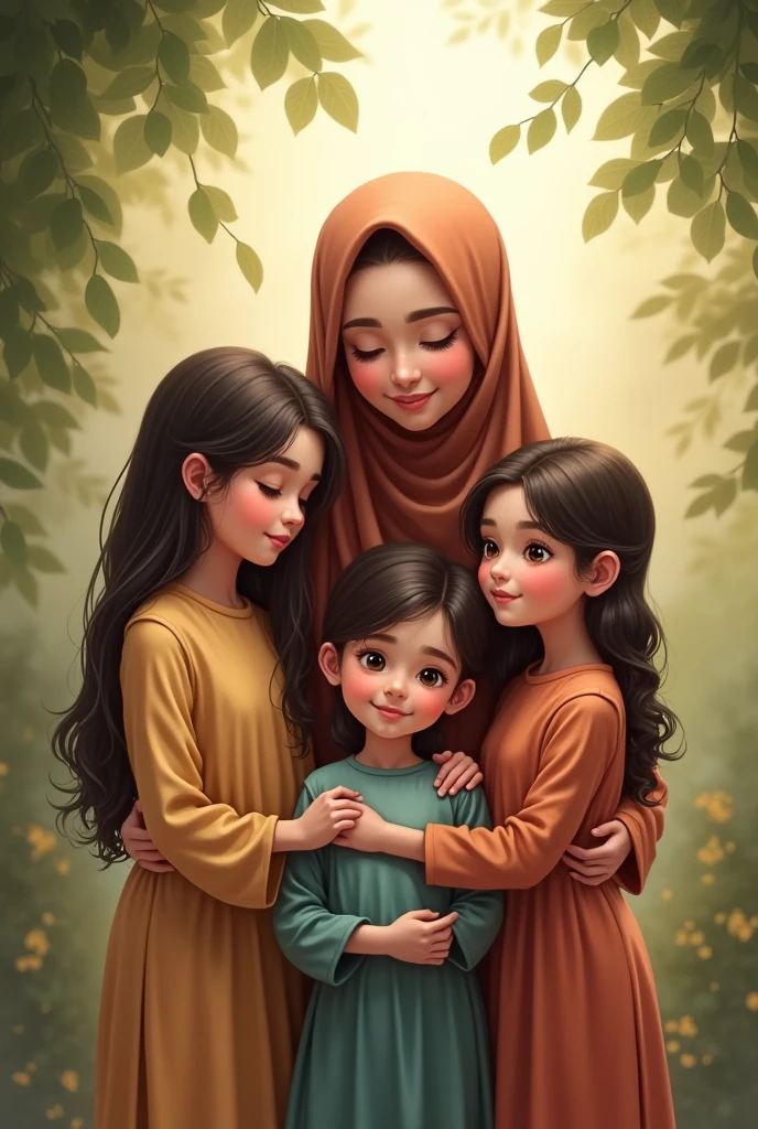 1 Muslim mother , with one eldest daughter, then one daughter and one son same age, then ungest daughter total family of 5 persons 