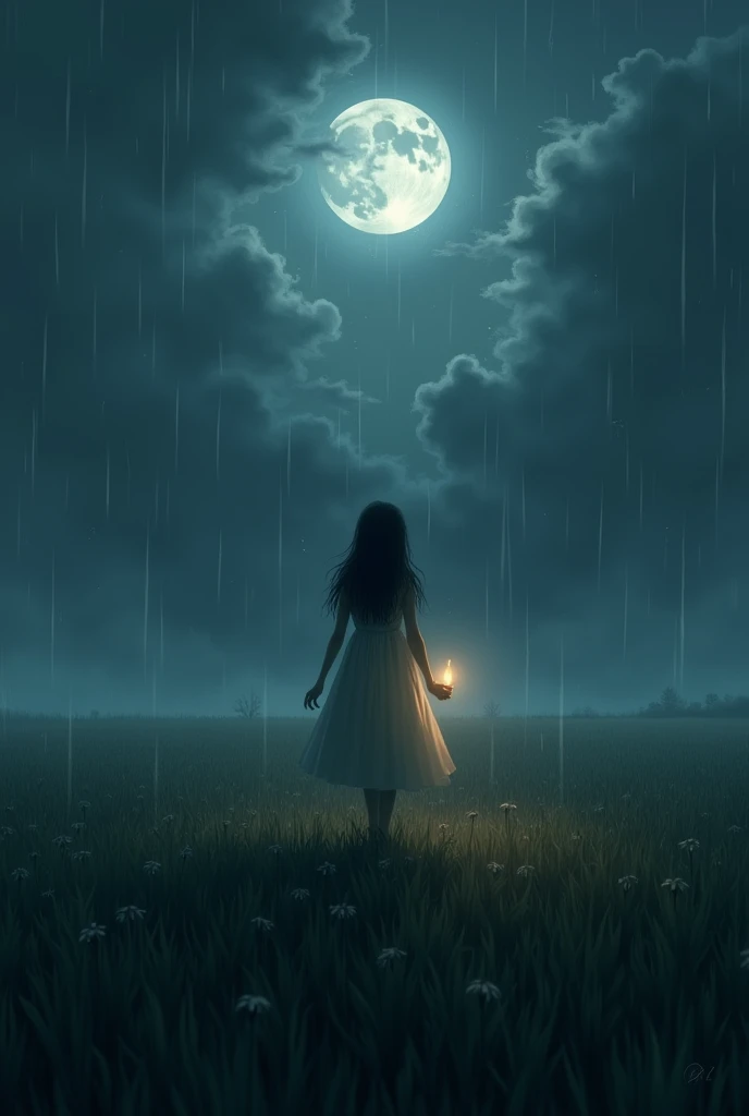 Girl is walking over an empty meadow at night. It's raining, the moon is mostly covered by dark clouds. The girl holds a candle that is almost burned down.