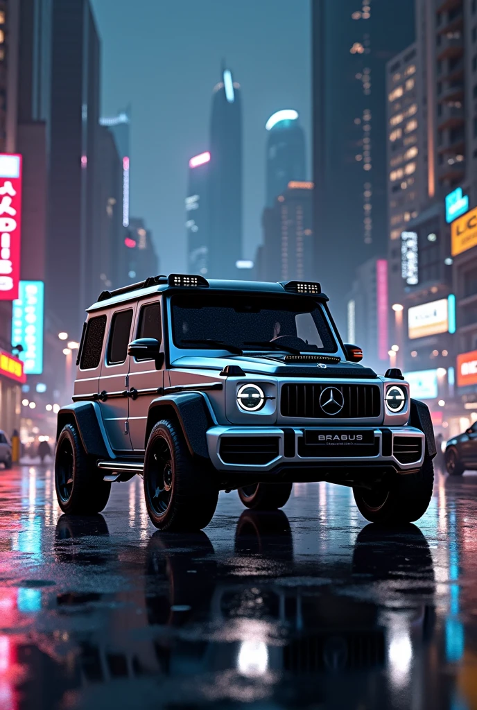 A grey brabus modified G wagon g63 in dubai at night 