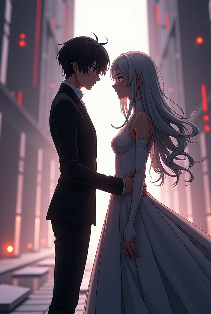 Sanakan and Cibo from Blame! Manga in a wedding dress), (sci-fi theme) Eyes staring at each other, suit black hair, dress striking silver hair, Futuristic atmosphere of the outfit A soft but bright light shines from above. Intimate and romantic atmosphere Highly detailed, exceptionally detailed, cinematic quality, emotionally charged scenes.