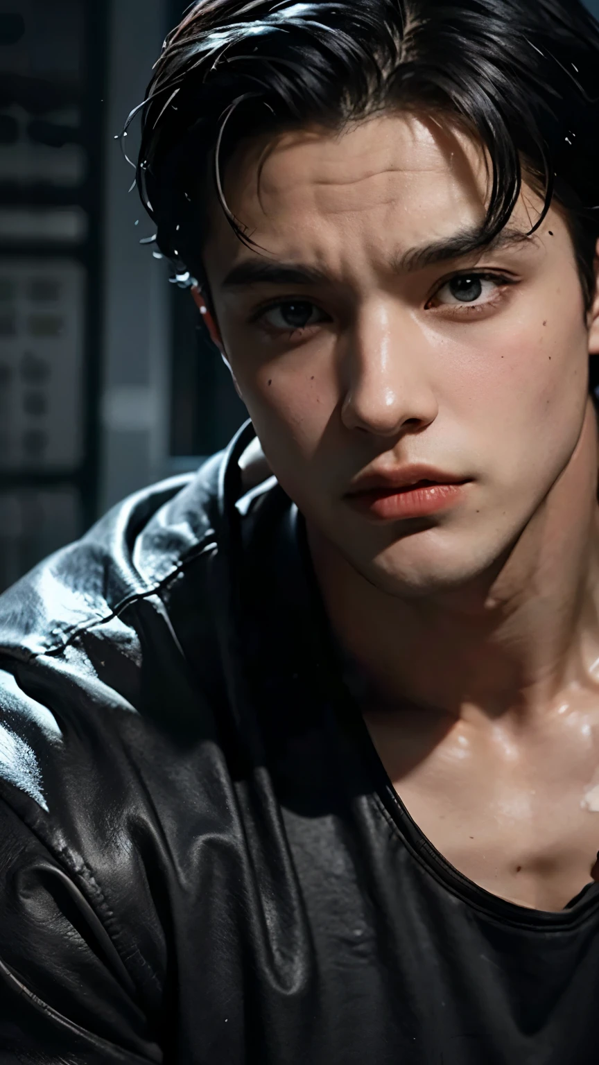 Young Bruce Wayne man black hair, big muscular body, black t-shirt, in dark room, close up face short