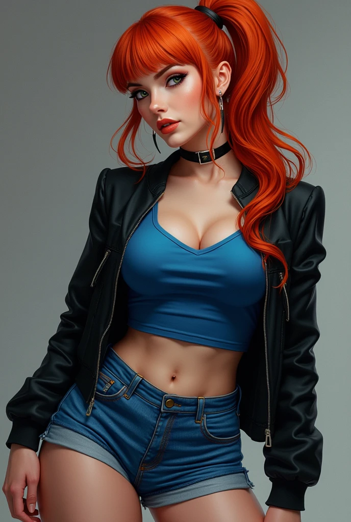 Redhead Woman with Big hips, blue shorts, black jacket and blue shirt with side fringe ponytail