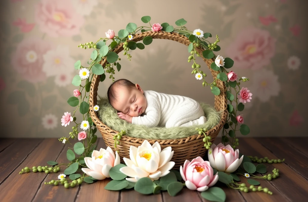 there is a  sleeping in a basket with flowers on the ground, a digital rendering inspired by Anne Geddes, shutterstock contest winner, art photography, lotus floral crown girl, lying on lily pad, award winning studio photo, sitting on a lotus flower, peaceful and graceful, elegant floating pose, dreamy and detailed, anna nikonova