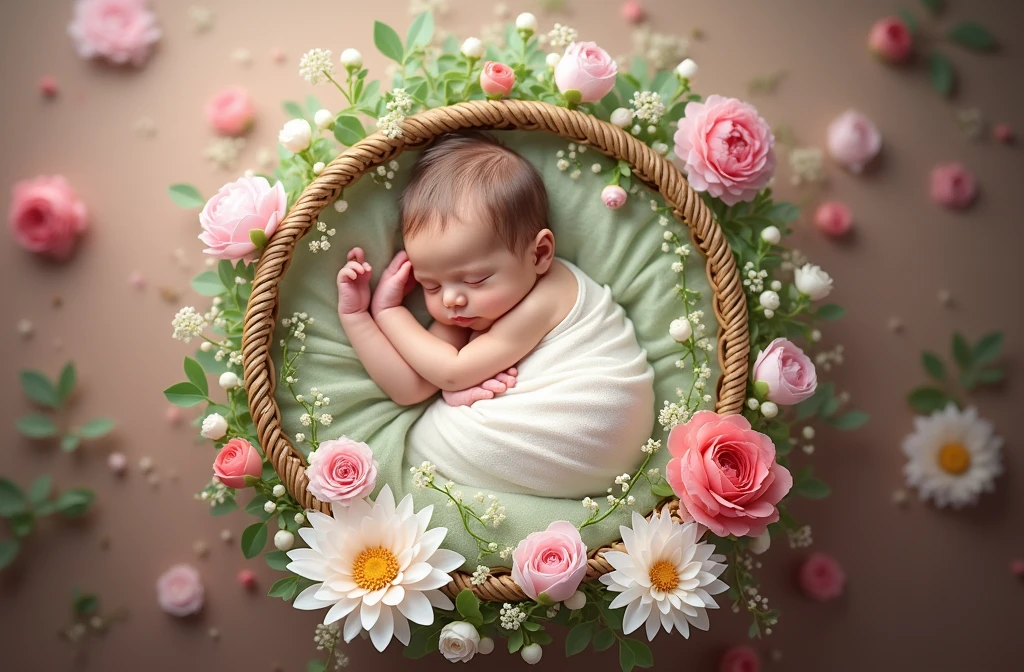 there is a baby sleeping in a basket with flowers and greenery, a digital rendering inspired by Anne Geddes, shutterstock contest winner, art photography, wrapped in flowers, award winning studio photo, photo of a beautiful, wrapped in cables and flowers, olivia, wrapped in flowers and wired, maternal photography 4 k, lotus floral crown girl, liana