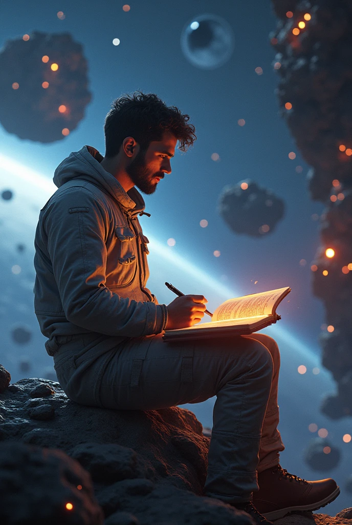 Using face above, draw a young network engineer, sitting on a research platform floating in the middle of an asteroid belt. He is studying with a notebook, surrounded by several asteroids glowing with fiery auras. Dramatic lighting from distant stars and planets illuminates the scene, casting deep shadows on the suit. The young man looks confident and determined, looking at the vast and mysterious universe with wonder and respect,facial hair, cowboy shot,