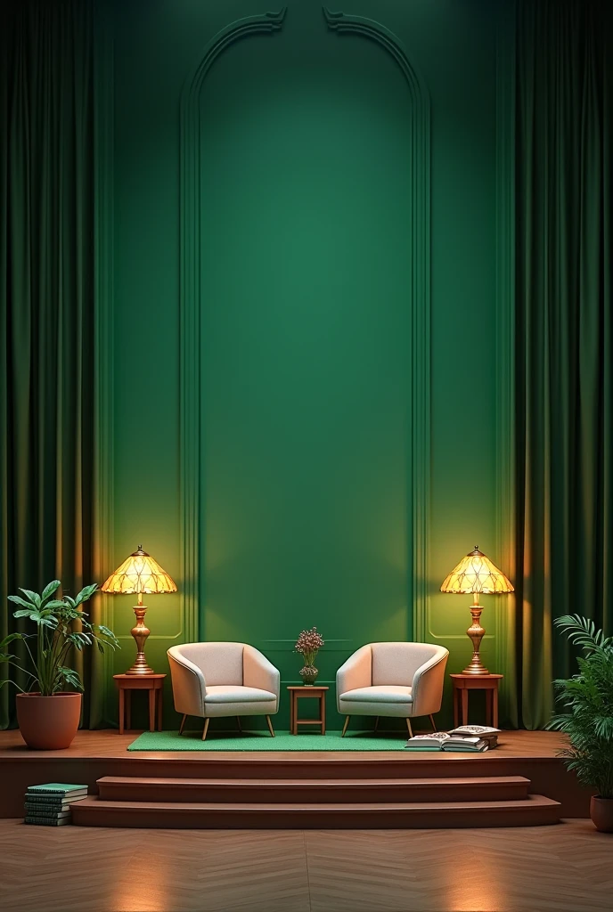 A stage measuring one and a half metres by two metres. It is 20 centimeters tall. The background of the wall is green. There are small sofas on the stage., stained glass lamps and books