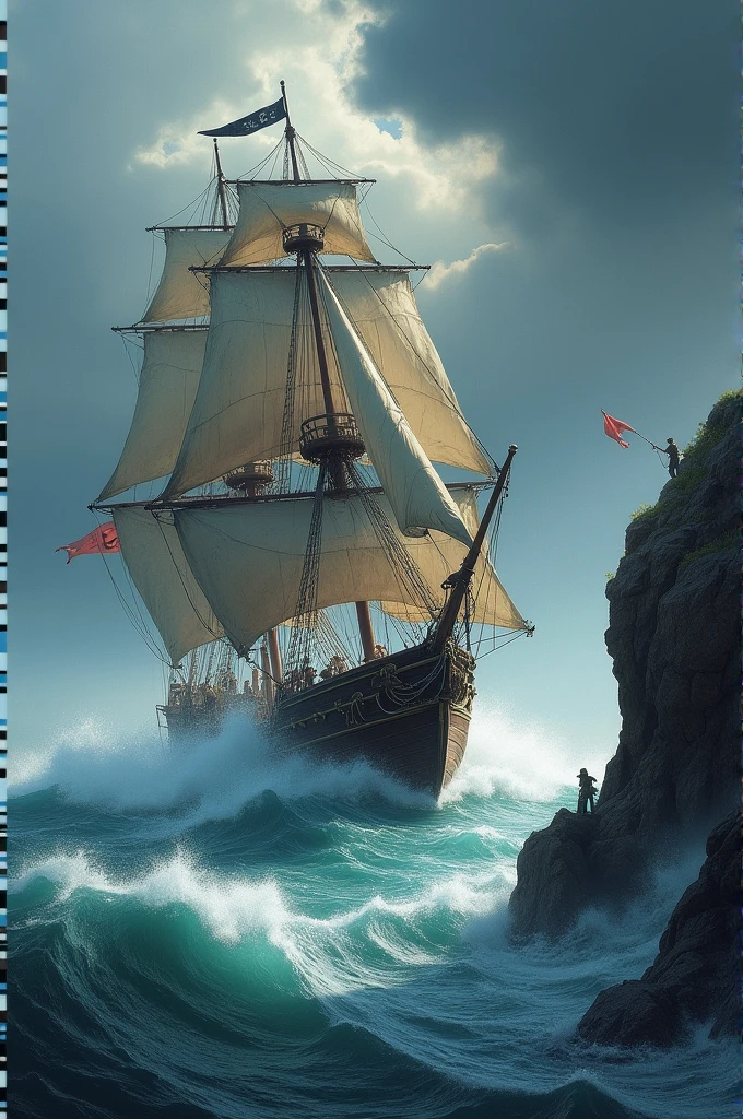 Un bateau de pirate qui vient de l'univers de pirates des Caraïbes est emporté par une vague vers un rocher, l'image est faite juste avant que le bateau ne percute le rocher