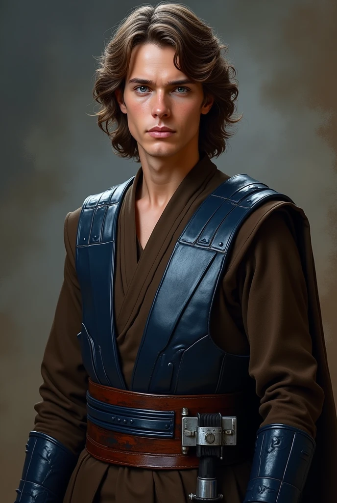 He has medium-length, wavy brown hair that falls just above his shoulders. His eyes are blue, and his facial features are sharp and defined, giving him a strong, determined look. He typically wears a dark brown tunic with a deep blue armor piece over his chest, combined with matching gauntlets on his arms. His outfit is complemented by brown boots and a utility belt, where his lightsaber hangs. Anakin's expression often reflects hi