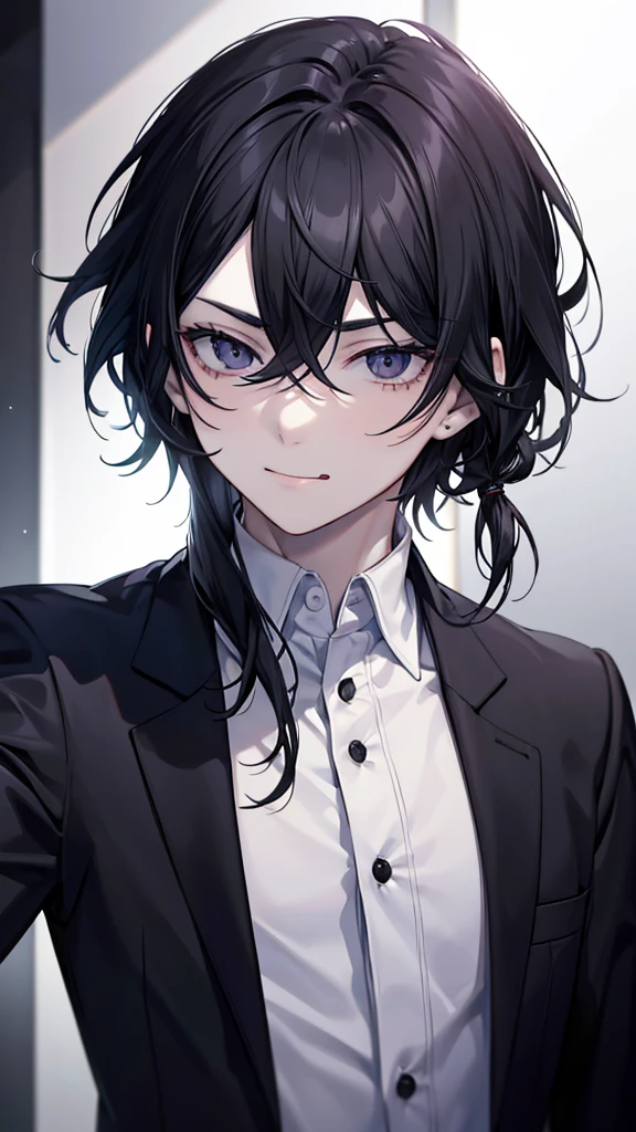 Male characters, Black Hair, Expressionless, suit, Innocent, Pale skin, Black eye tongue out, Anatomically correct, High resolution, A seductive smile, Raised eyebrow, Odd Eye, Cinematography, modern, Reality, realism,Looking up,fearless