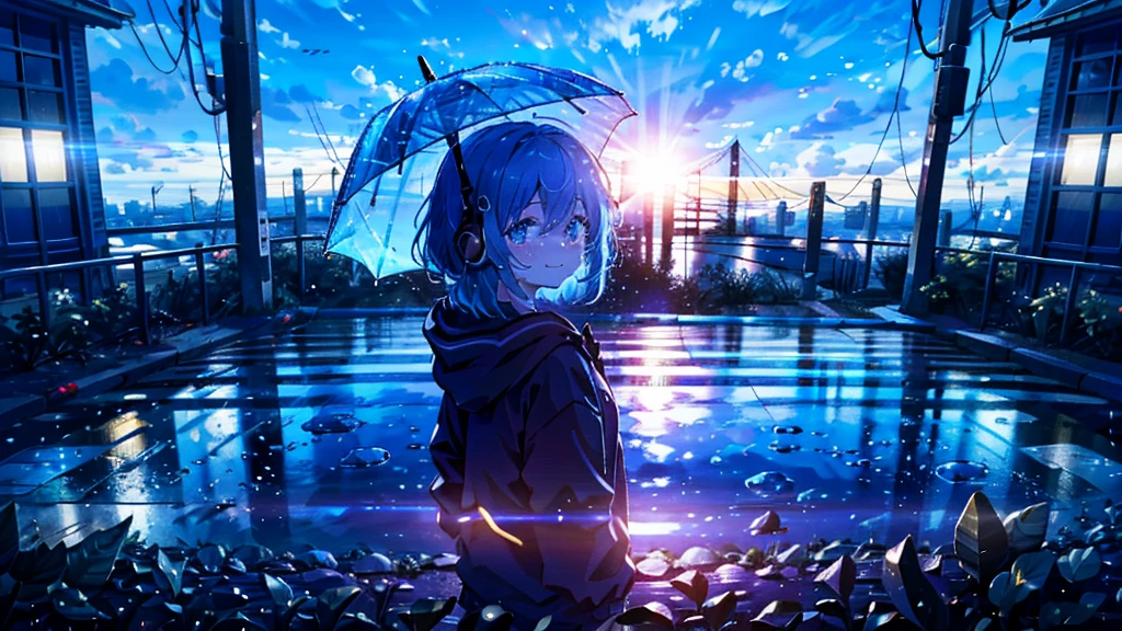 Absurd, High resolution,
Looking back at me, Rainy night city,Urban sidewalks、 Holding a red umbrella、signal machine、relax time, Fantastical light particles, Lens flare,Smiling and crying、Blue Hair、（Red headphones:1.4）、（White hoodie:1.2)、Top view、（Looking into the distance）、(Shooting from a distance:1.2)