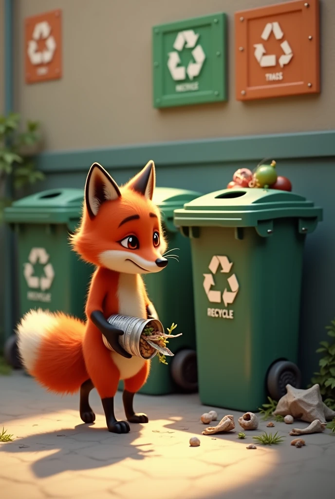The fox goes to throw away the trash, there are 3 trash sorting bín