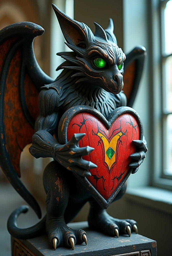 Gargoyle Intricate details insanely artwork Wooden painted man, 3D effect ultra-detailed intricate insanely Heart, museum room, green glass eyes, Carved in wood, painted with bright colors., indie film screencap, Dramatic angle, , found footage, (steampunk), (cyberpunk aesthetic), (retrofuturism, atompunk), heroic proportions, window behind, "Death will come and take over your eyes It will be like giving up a vice like looking in the mirror seeing a dead face like hearing a closed lip We will sink into the whirlpool, silence."