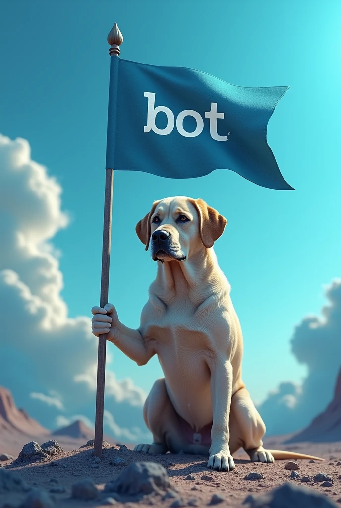 Labrador sérieux qui plante un drapeau avec marqué "BoT" dessus sur une planète imaginaire bleue