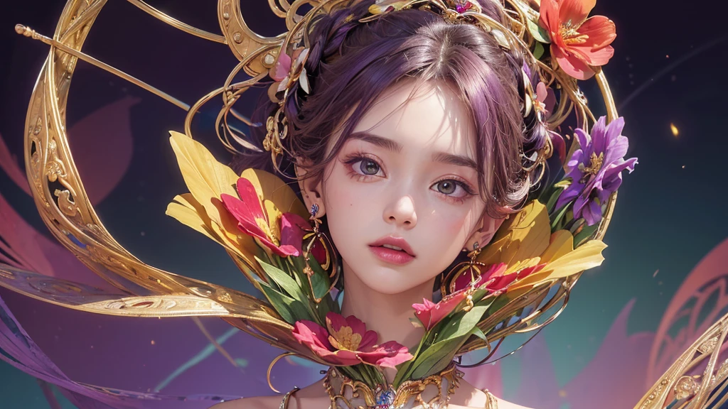 32K, 最高quality, 最高masterpiece, (ultra-Detailed Background, Detailed Background), High resolution, Super detailed, Very detailedな, 1 personの, (bouquet:1.3), (Tangled:1.2), (Geometric:1.2),(colorful),(masterpiece, quality, best quality, Official Art, Beautiful and beautiful:1.2), (1 person:1.3), Very detailed,(colorful:1.1)(Flowers:1.3),Most detailed,(Tangled:1.2), whole body, (Abstract background:1.3), (Skin glows), (Many colors:1.4), ,(Earrings Jewelry:1.5), Purple-red pale background, It's imaginative., Milk tea colored hair,