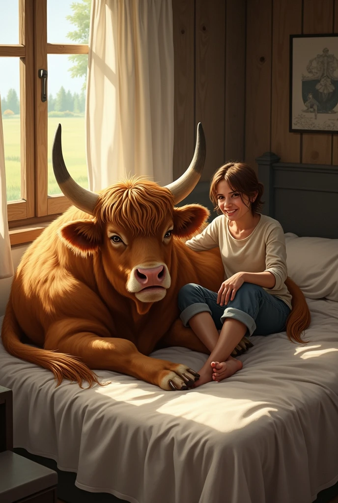Genrate a ox sitting on the bed with his owner