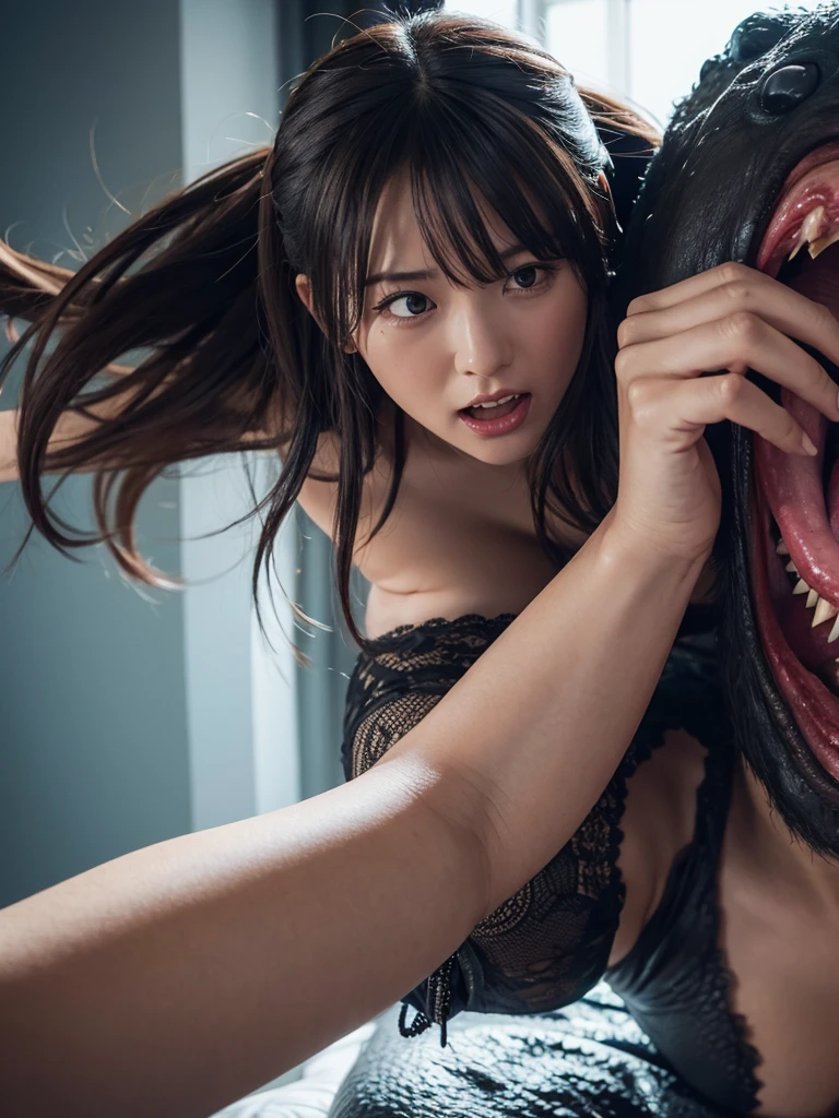 a very beautiful japanese girl, very cute high school girl assassin, detailed portrait of innocent 17-years-old virgin,((midnight, bedroom of the lord's manor)),(surprised, open mouth wide:1.2),(attacked by many thick spider's tentacles :1.3), (she make a desperate stand:1.3),(a fighting stance:1.3),(semi-nude, purple bikini armor:1.25),(breasts spill out of bikini armor:1.35),(many thick spider's tentacles coiled around her body:1.3),(spider's tentacle erotica:1.3), (perfect body, body soaked in sweat:1.2), firm and elastic skin, lively faces, glowing lips, watery eyes, cute double eyelids and black eyes, tears streaming, cleavage, attractive thighs, glossy straight medium black hair, asymmetrical bangs, hair flutters, dark fantasy, photo-realistic, surreal, cinematic lighting, 32K, backlight, (bright light:1.2), (Improvement of quality:1.4), (Highest quality realistic textured skin:1.4),detailed eyes, detailed face, detailed hand,(Enhances the beauty of skin texture:1.1)