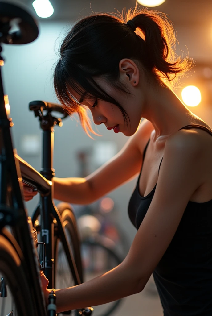In the bike shop garage、I'm maintaining my road bike、Beautiful Japanese Women Photos。The ponytail is short、Working while bending over。The backlight makes the outline and hair shine.。Backlighting is when the light source is diagonally below.、There is plenty of light on the face and chest.。Wearing a black tank top。