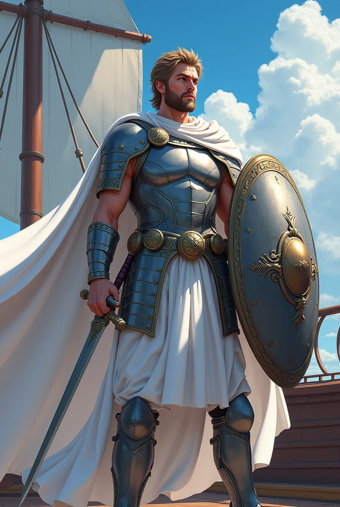 Warrior of Ancient Greece, with silver armor, white clothes, White cloack, holding a sword and shield, determined expression, on a warship, (((anime styling)))