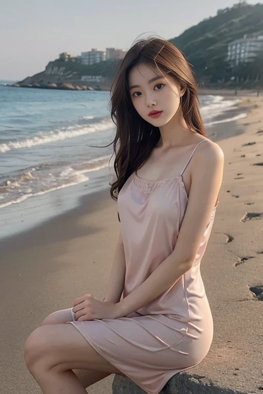 1 Girl,seaside,Soft Light,Chinese Beauty,Slip nightdress