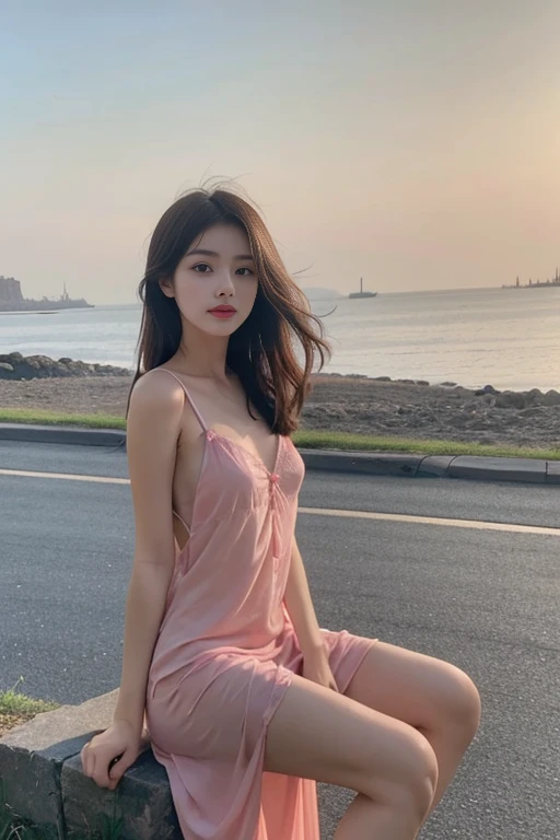 1 Girl,seaside,Soft Light,Chinese Beauty,Slip nightdress