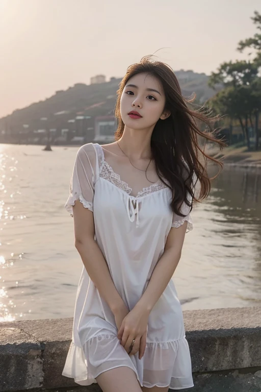 1 Girl,seaside,Soft Light,Chinese Beauty,Slip nightdress