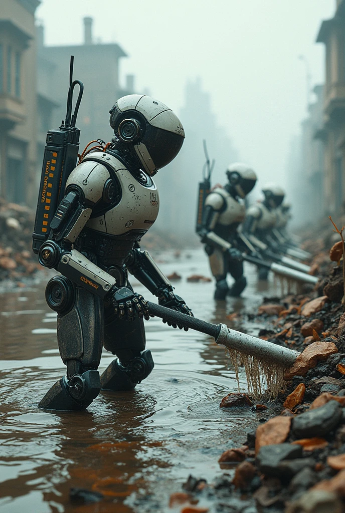 create an image for a pollution cleanup project with robots working