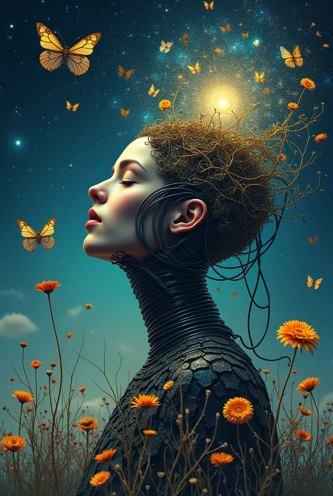 **theme:** Human transcendence through the fusion of the organic and the technological.
**styled:** Contemporary surrealism, with detailed realism and abstract elements.
**colors:** deep blue, gold and black, symbolizing the unknown, the divine and the mystery.
**Composition:** Central figure partially wrapped in cables and roots, with a face that reflects the starry sky. Floating objects combine nature and technology, like metallic butterflies and neon flowers.
**feeling:** Wonder and reflection on the relationship between nature and human progress, evoking a sense of quest and transcendence.
