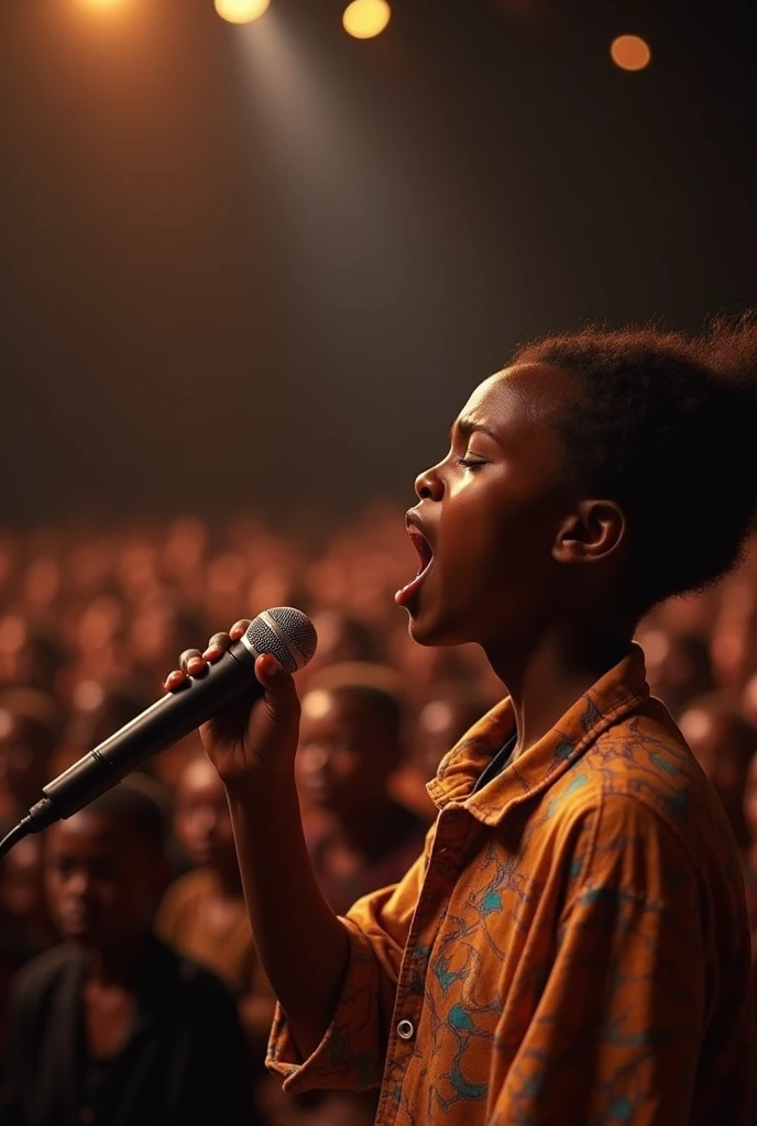 African teenager who sings a song in deeply feeling during the concert while others had a feeling that led them to crying