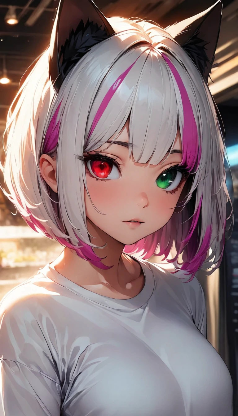 ((highest quality:1.2, Very detailed, up to date, Vibrant, Ultra-high resolution, High Contrast, masterpiece:1.2, highest quality, Best aesthetics), Portraiture、girl、solo, (25-years-old:1), slim, heterrochromia, green eye, red eye, Bright colors、Beautiful fine details、Beautiful lip detail、extra short hair, ((bob cut:1.5))、pink and purple, ((streaked hair:1.9)), (highlights hair: 1.6), (medium breast:0.7), (tan skin:0.5), (wear cat ears:2), (in cat Cafe:1), holding cat:1, cowboy shot,