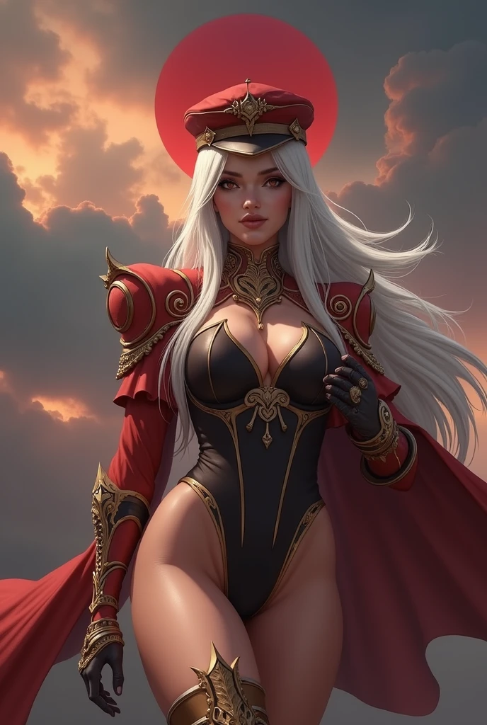 (masterpiece, high quality:1.8), extremely detailed, ambient,
SallyWhitemane, 1girl, mature female, FeelsGood, determined,
white hair, long hair, jewelry, (eyeshadow:1.8),
hat, shoulder armor, (two-tone leotard:1.2), gold trim,
red background,