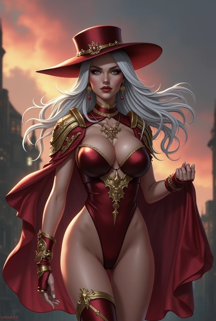 (masterpiece, high quality:1.8), extremely detailed, ambient,
SallyWhitemane, 1girl, mature female, FeelsGood, determined,
white hair, long hair, jewelry, (eyeshadow:1.8),
hat, shoulder armor, (two-tone leotard:1.2), gold trim,
red background,
