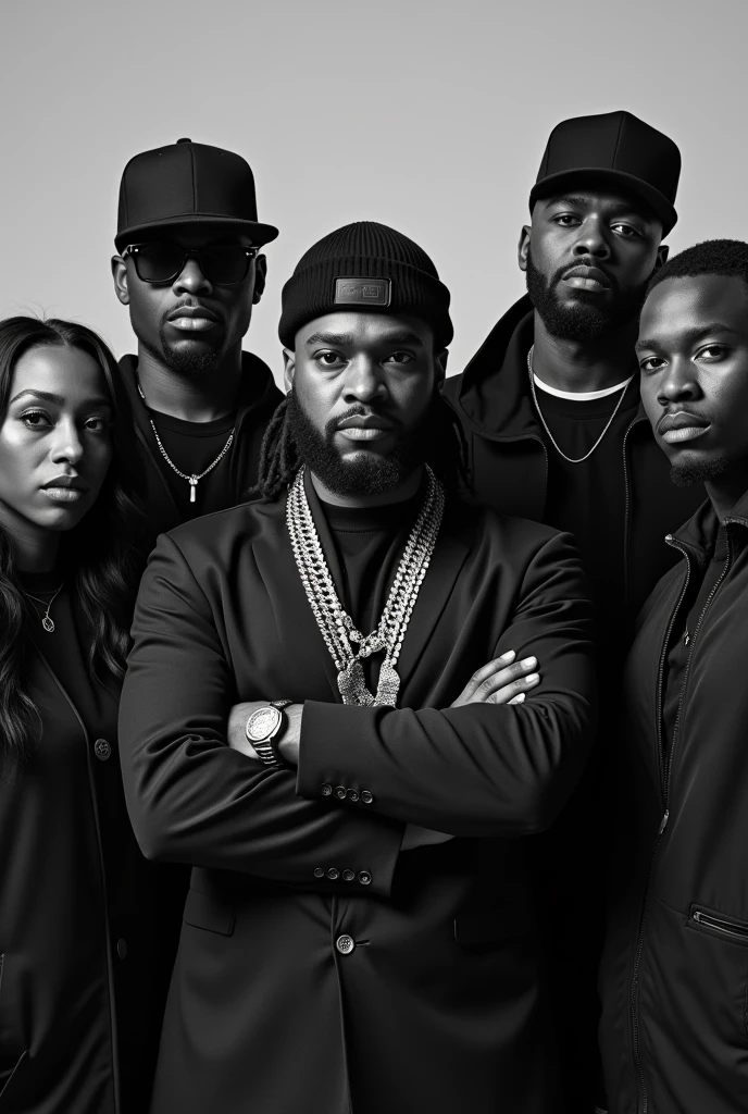 It will be a black and white photo. 5 rap artists will pose for the camera. Two of them are black and fat 16:9