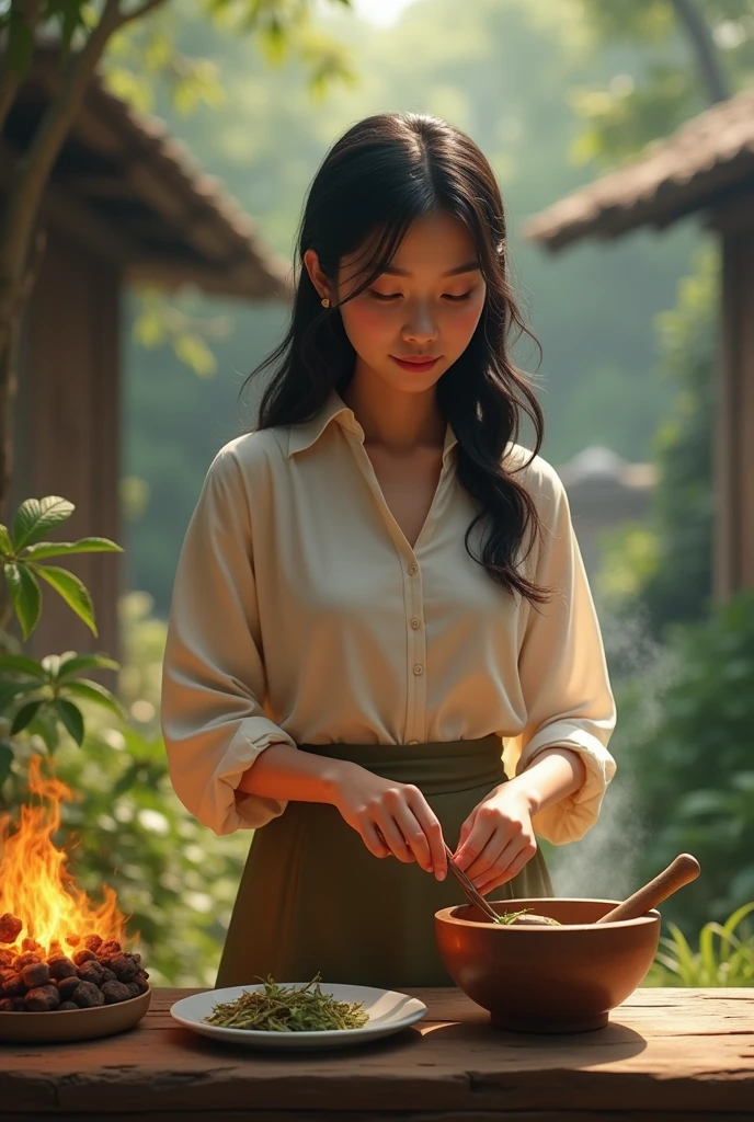 Beautiful malay girl freehair pack powder herbs, boiling water at village, with pack write nadminzempire