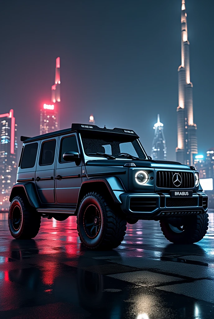 A grey brabus modified G wagon g63 in dubai at night with red and blue light