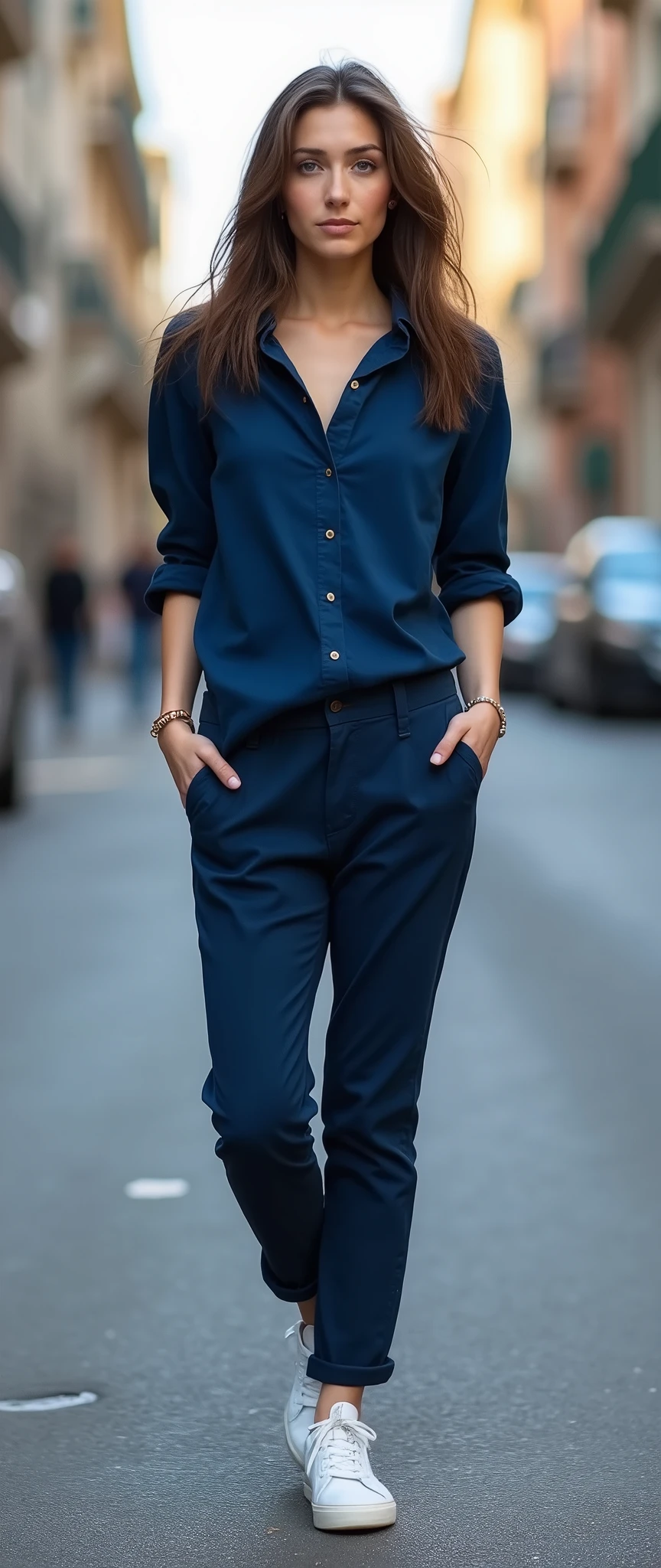 (masterpiece:1.2,Exceptional Quality,mirror-like,Cinematic Experience,Photorealistic,Photorealistic,RAW Photos),8k,wallpaper,(Blue Shirt:2.0),(Navy blue chinos:2.0),(White sneakers:2.0),(The background is a street corner:2.0),(Cool woman:2.0),(Beautiful Face,Beautiful Hair,Beautiful female hands,Detailed face)