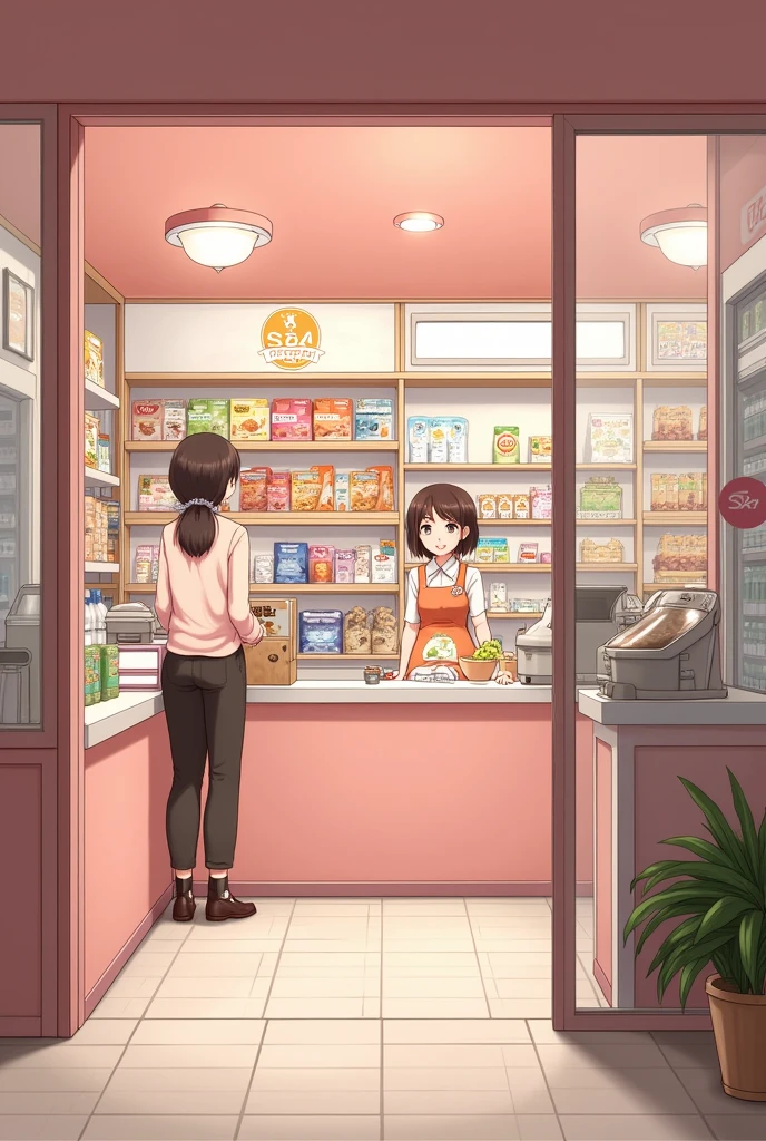 The design of a convenience store of about 300 square meters is inspired by cuteness selling food and drinks, and 12 shelves displaying packaged food are neatly arranged. There is a female employee wearing a light pink and copper uniform. Her outfit has a logo, but S24 is standing at the cashier counter in the house. The cashier desk displays food under the shelf and the tokbokki cooking pot is on the table, and the food warmer is placed on the table with a spoon inside the machine. sausages, fried chicken. The spacious interior has a self-service counter for students to eat and drink using machines such as automatic noodle makers and water heaters. The entrance door is made of transparent glass, neatly arranged with a cute pink and white color inside, tables and chairs are neatly arranged with cute bear motifs and the store logo named S24.