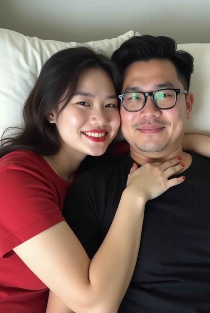 Chinese beautiful girl 23 years-old couple with a man 30 years-old, 23 years-old girl as wife, 40 years-old man as her husband, the girl hug the man, the girl wearing red T-shirt, the girl red lips, the man wearing black T-shirt, the man wearing glasses, the girl with the man lying on the white sofa, curvy body, thick body, little bit fat.