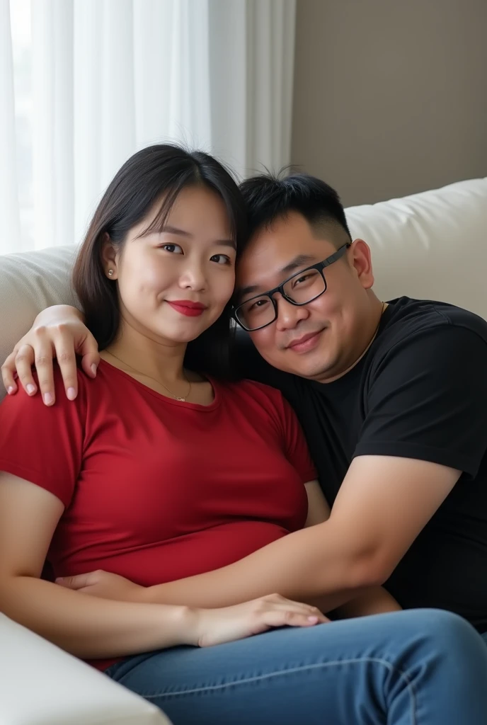 Chinese beautiful girl 23 years-old couple with a man 30 years-old, 23 years-old girl as wife, 40 years-old man as her husband, the girl hug the man, the girl wearing red T-shirt, the girl red lips, the man wearing black T-shirt, the man wearing glasses, the girl with the man lying on the white sofa, curvy body, thick body, little bit fat.