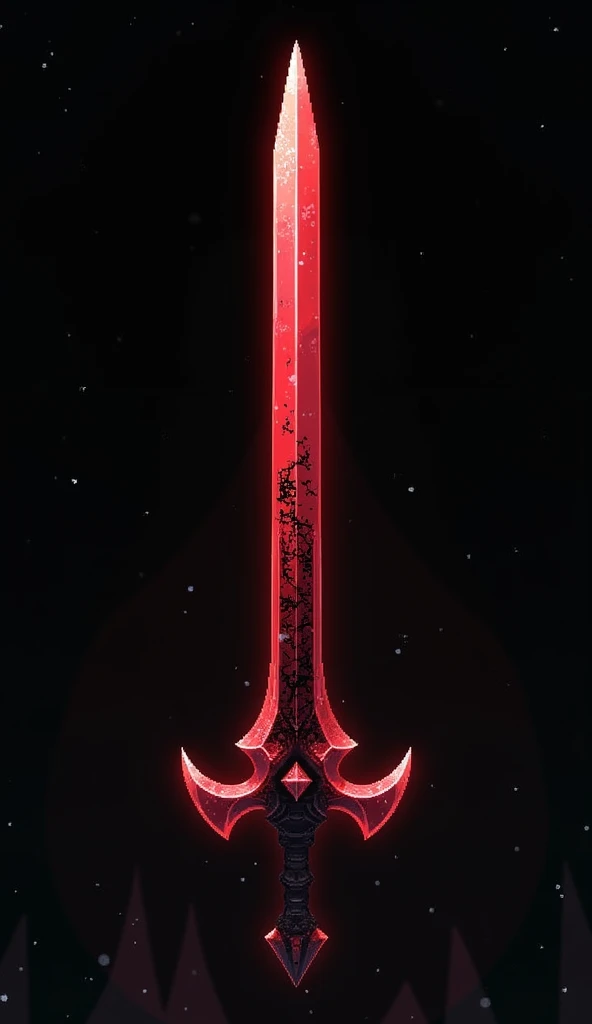 A sword projectile in the style of a clear pixel art, made of a solid translucent blood-colored crystal in which vessels of black void are present