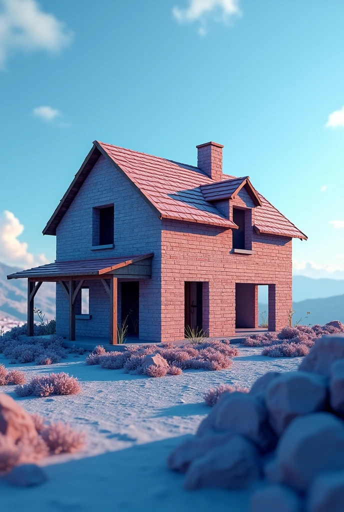 realistic magem, in 8k of a house construction where only red bricks are shown, The image should have predominant colors in shades of blue