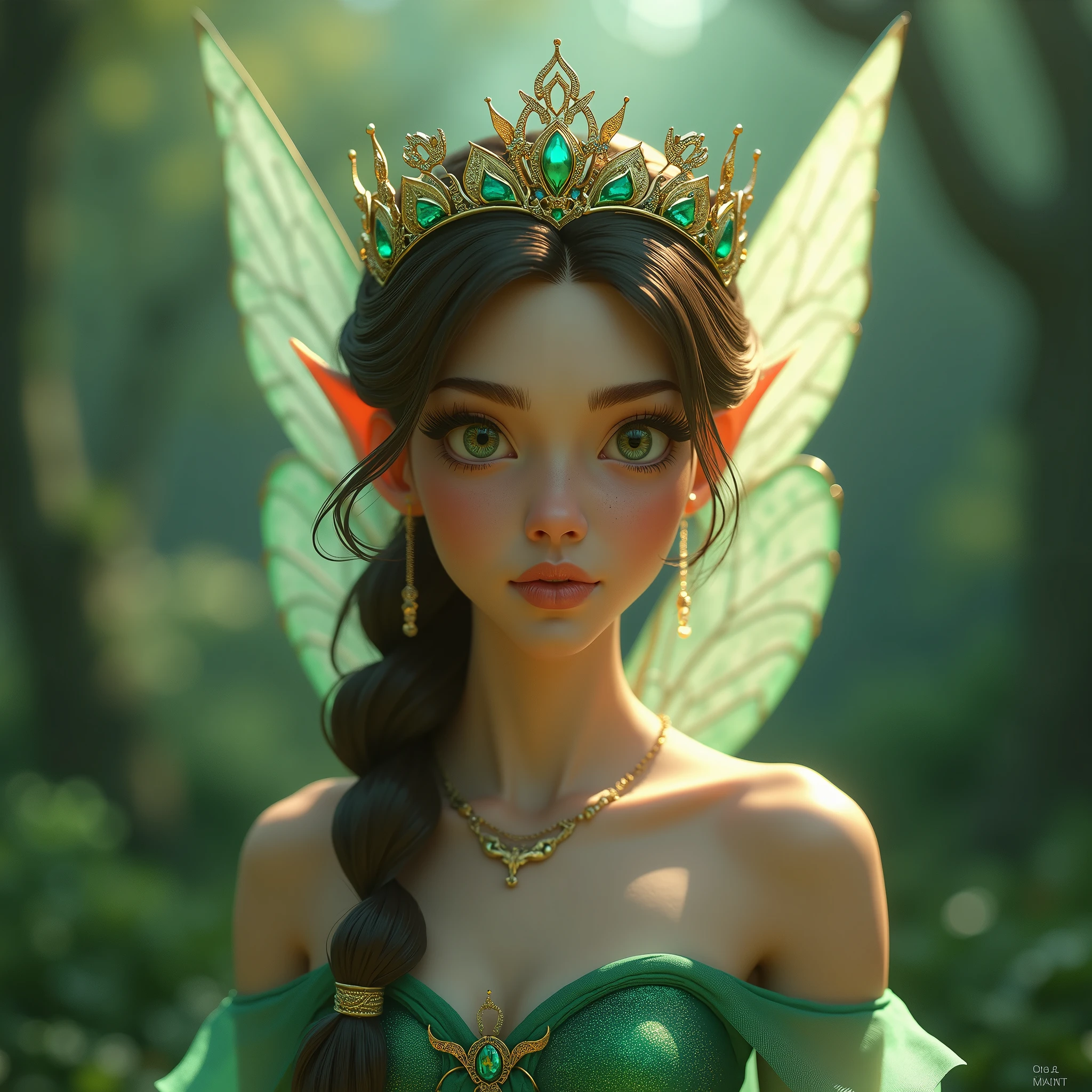 a beautiful young woman wearing a green dress and a crown, stunning 3d render of a fairy, fairy cgsociety, beautiful fantasy art portrait, beautiful fantasy portrait, beautiful render of a fairytale, carlos ortega elizalde, beautiful fairie, portrait of fairy princess, forest fairy, very beautiful fantasy art, portrait of a fairy, portrait of fairy, stunning cgsociety