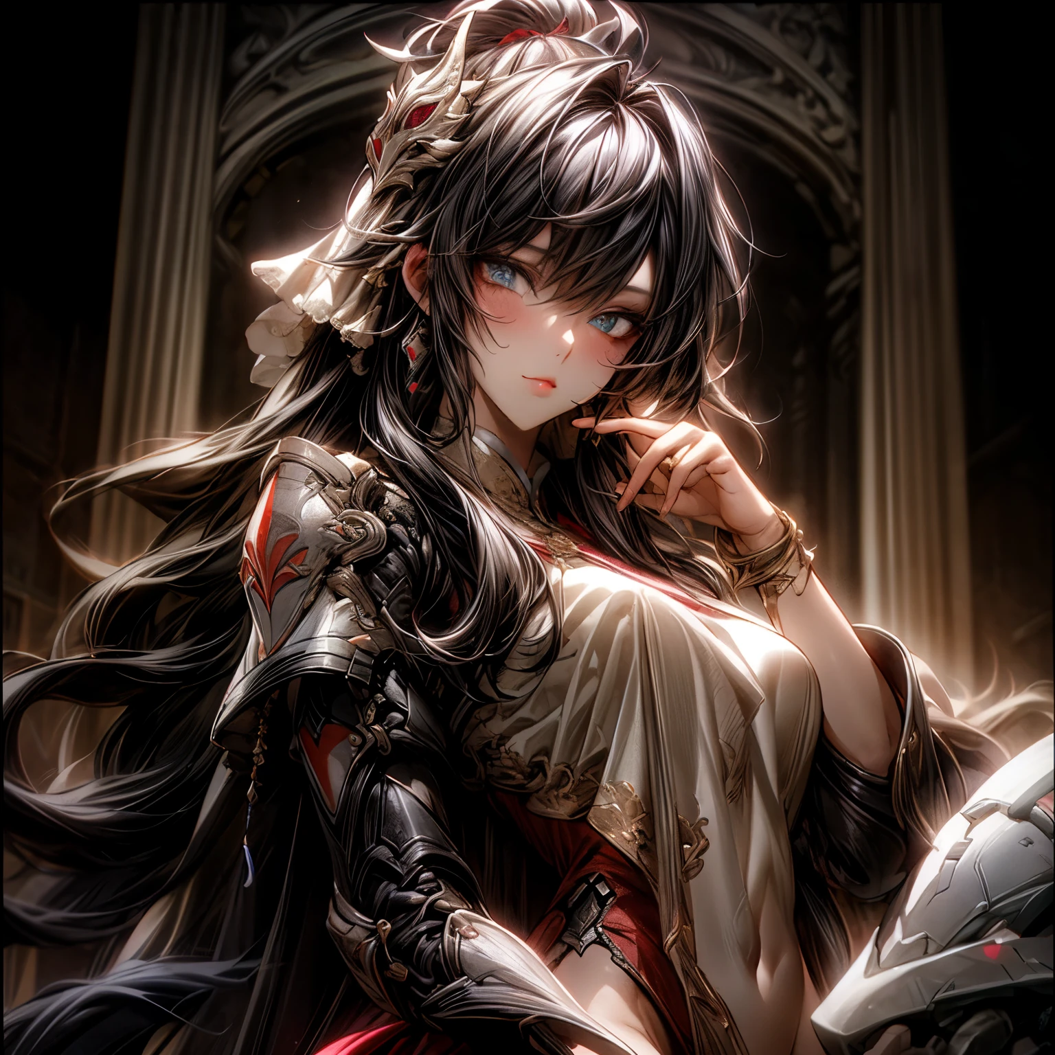 (best quality)), ((Masterpiece)), (details:1.4), 3d, HDR (high dynamic range), an image of a beautiful cyberpunk female, Cyberpunk, Fantasy, Cherry Chocolate hair, Long hair, Beautiful Golden eyes, จมูกโด่ง, ปากแดง, หน้าอกใหญ่, nvidia RTX, PBR surface, After processing, Anisotropic filtration,depth of field, Maximum clarity and clarity, multi-layered surface, Subsurface scattering, perfect proportions, 8K raw files, ultra detailed, Perfect proportions, volumetric lighting, soft lighting, Holy Paladin, Heavy Black Armor, Red dress, glossy skin, intricate Silver embroidery, Castle background, jewely, ต่างหู, นิ้วมือสมบูรณ์, Mask