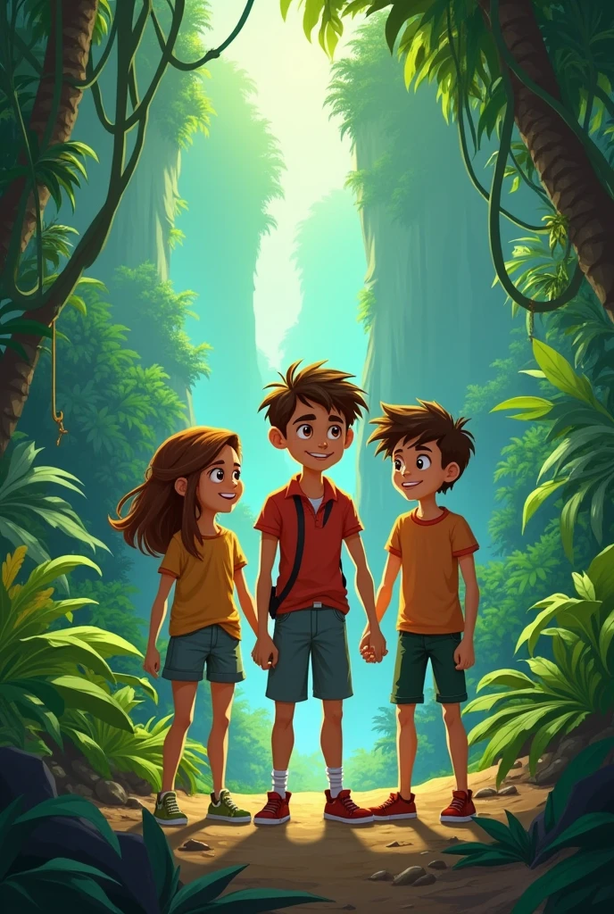 I want to create a book cover, it should be named "The First Adventure in Melio City"
The cover should contain a jungle theme with three guy friends holding their hands