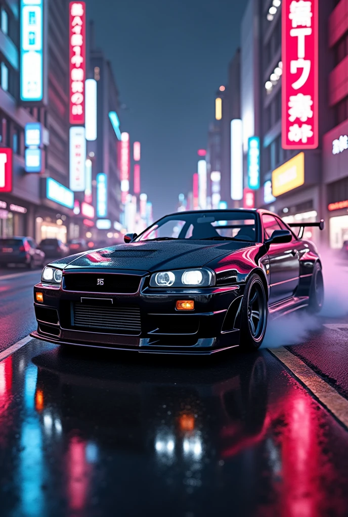 Black nissan Skyline r34 in tokyo cyberpunk with red neon