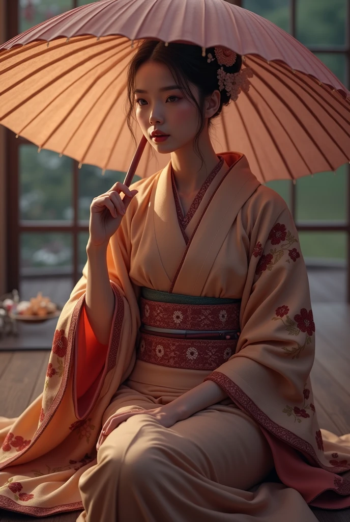kimono, obi, (8k, RAW photo, best quality, masterpiece: 1.2), (realistic: 1.6), (masterpiece), (best quality: 1.0), (ultra hi-res: 1.0), detail, 40s, one, detail beautiful skin, detail room, ,realistic skin