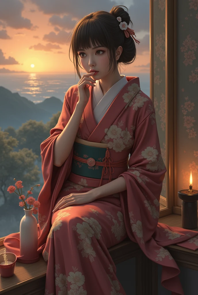 kimono, obi, (8k, RAW photo, best quality, masterpiece: 1.2), (realistic: 1.6), (masterpiece), (best quality: 1.0), (ultra hi-res: 1.0), detail, 40s, one, detail beautiful skin, detail room, ,realistic skin