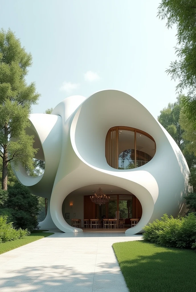 Postmodern facade architecture of resturant in iran , shell of paper design white concrete , high quality rendering architecture, cinematic , 7,5 meter width 22.5 meter height , with plant , greeness , with details