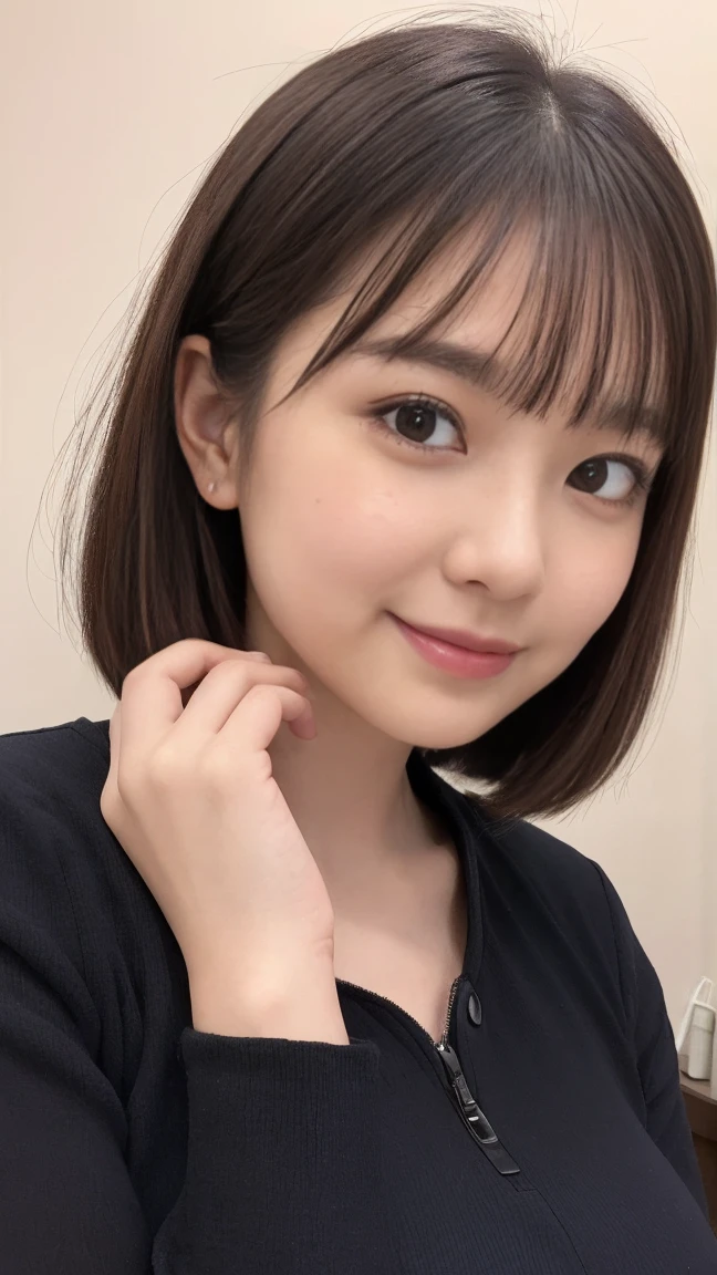 (masterpiece)、(Highest quality:1.5)、(Photorealistic:1.2)、(Surreal), (High resolution), (Realistic), (Post-processing),(Sharp focus), Sharp focus:1.2,Backlight, (Improvement of quality:1.4), (Narrow waist)、((Perfectly detailed five-fingered hands)),(Anatomically correct body)、((1 female:1.4))、Japanese、Realistic Skin、(Small chest:1.4)、Bust size is A cup、A pretty woman with a slender figure:1.4,(from the front:1.5), (Enhances the beauty of skin texture:1.1),No makeup、美しいBlack Hair、smile、Natural color lip、(Small Mouth:1.4)、The mouth is not open、Thick lips、(Oval Face)、Even bangs、Hide eyebrows with bangs、((3 woman))、Bob Hair、Hair blowing in the wind, (Black Hair, Iris, Watery eyes, Shining Eyes, Bob cut hair,), Hair behind the ear、No makeup、(Drooping eyes)、(((One lovely woman)),((優しい大きなsmile)),(( Small breasts,Small breastsの谷間)),((((Plump Cheeks)))),very cute,(Baby Face),Raccoon face,